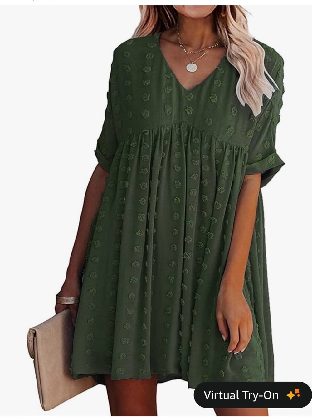 Casual Olive Green V-Neck Babydoll Dress